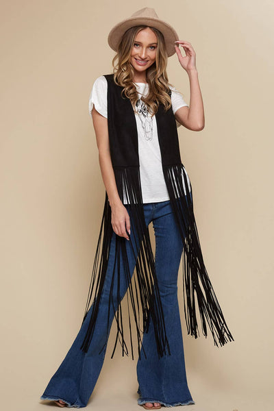 Black Long Fringe Faux Suede Vest - Lulu Bella Boutique