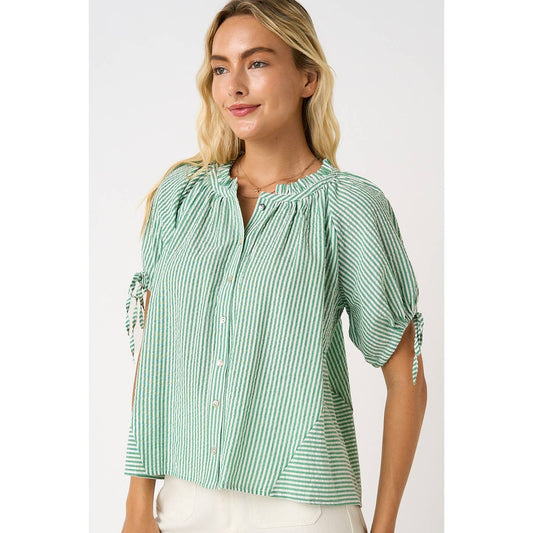 STRIPED RUFFLE NECK SHORT SLEEVE BUTTON DOWN TOP: GREEN / S-M-L(2-2-2) - Lulu Bella Boutique