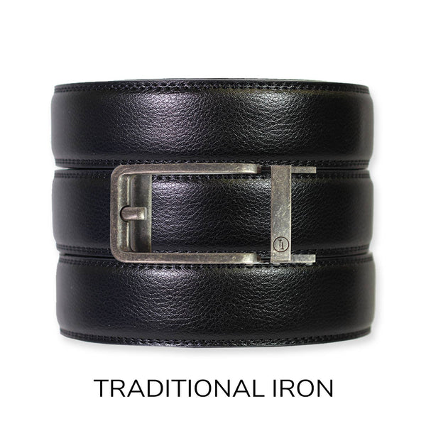 Black Leather Ratchet Belt & Buckle Set: Iron - Lulu Bella Boutique