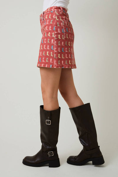 STRETCHY WESTERN BOOT PRINTS WASHED MINI SKIRT - Lulu Bella Boutique
