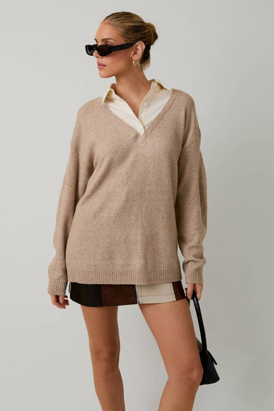 LONG SLEEVE SHIRT COLLAR LAYERED PULL OVER SWEATER TOP: OATMEAL / S - Lulu Bella Boutique