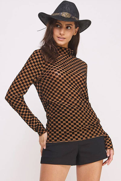 LONG SLEEVE CHECKERED MESH MOCK NECK TOP: MOCHA/BLACK / S - Lulu Bella Boutique