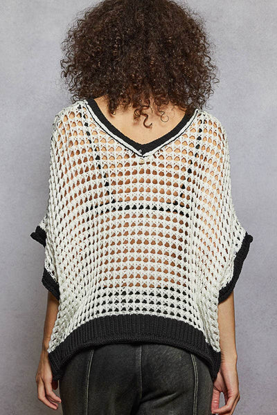 Oversize v-neck short sleeve peace sign sweater SALE: IVORY/BLACK / S - Lulu Bella Boutique