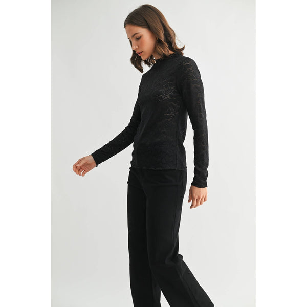 LACE MOCK NECK TOP: Black / S-M-L(2-2-2) - Lulu Bella Boutique