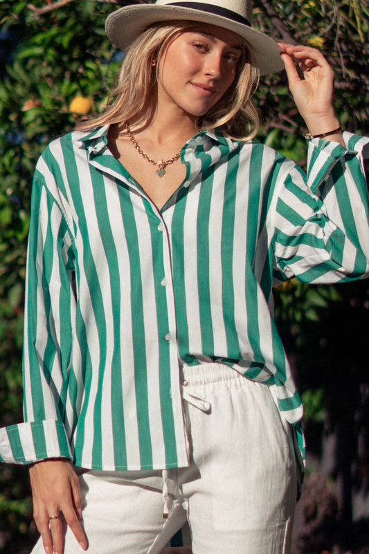 Oversized Stripe Button Down Collared Shirt: GREEN / S-2/M-2/L-2 - Lulu Bella Boutique