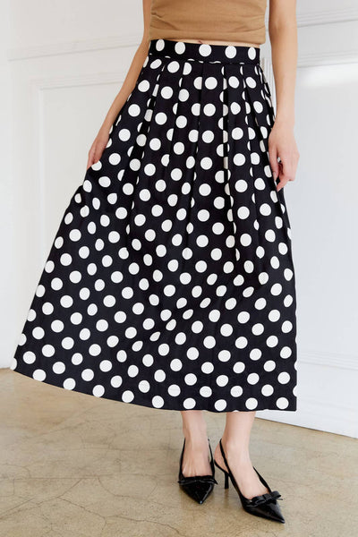 POLK DOT PLEATED CIRCLE MIDI SKIRT: BLACK-WHITE DOT / S - Lulu Bella Boutique