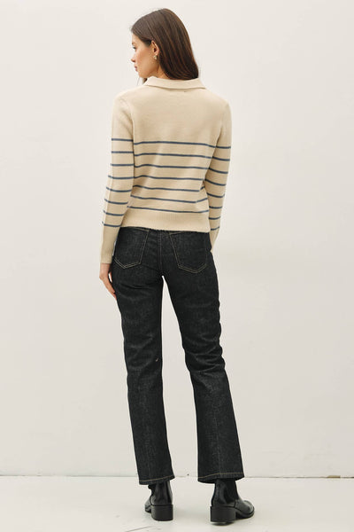 COLLARED V-NECK SWEATER WITH STRIPE: Blue / S - Lulu Bella Boutique