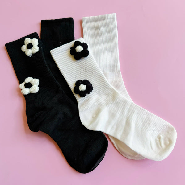 Puffy Daisy Embellished Socks Set Of 2 - Lulu Bella Boutique