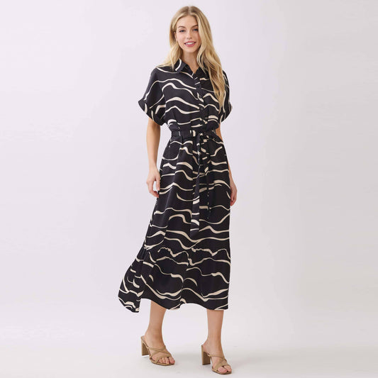 SATIN COLLARD BUTTON DOWN WAIST TIE MIDI DRESS: Black