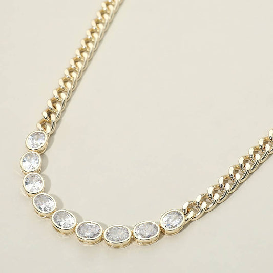 14K Gold Plated Round CZ Bezel Link Curb Chain Necklace - Lulu Bella Boutique