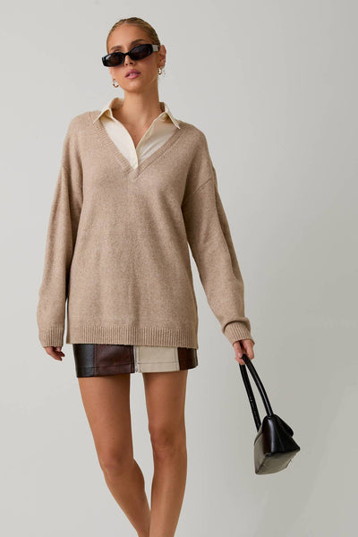 LONG SLEEVE SHIRT COLLAR LAYERED PULL OVER SWEATER TOP: OATMEAL / S - Lulu Bella Boutique