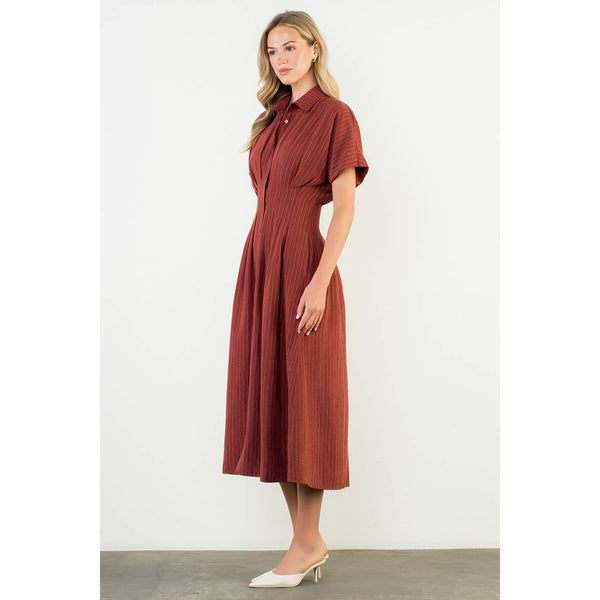 Collared Short Sleeve Button Front Maxi Dress: BURGUNDY / XS-S-M-L(1-2-2-1) - Lulu Bella Boutique