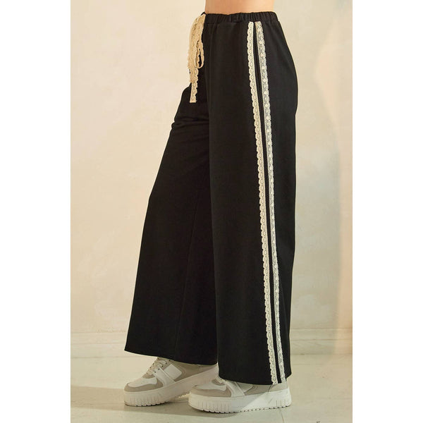 LACE STRIPED ELASTIC WAIST TERRY SWEATPANTS: BLACK / S-M-L(2-2-2) - Lulu Bella Boutique