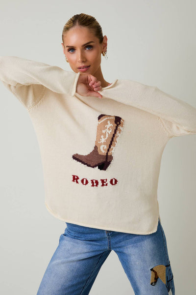 ROUND NECK LONG SLEEVE "RODEO" GRAPHIC SWEATER: CREAM / S - Lulu Bella Boutique