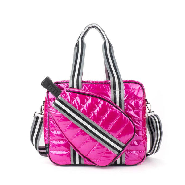 Puffer Pickle Ball Tote Pink with black Stripe - Lulu Bella Boutique