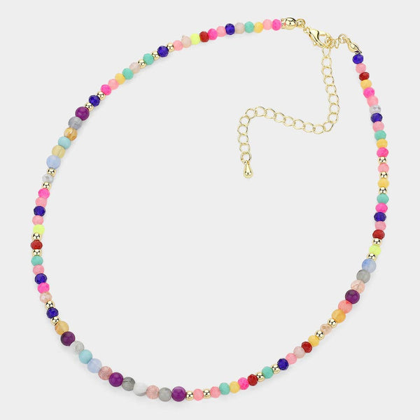 Natural Stone Metal Ball Faceted Beaded Choker Necklace: CORAL - Lulu Bella Boutique