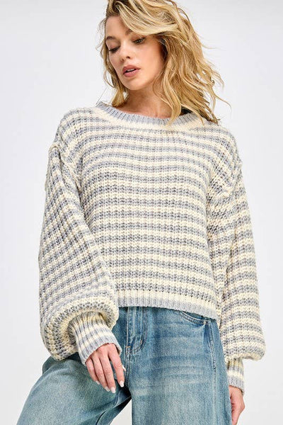 STRIPED CROPPED KNIT SWEATER TOP: Off white/Stone / L - Lulu Bella Boutique