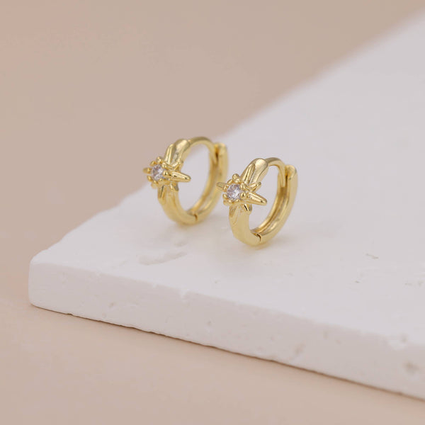 E168 star huggie earring, star huggies, star hoop, starburst: Yellow Gold - Lulu Bella Boutique
