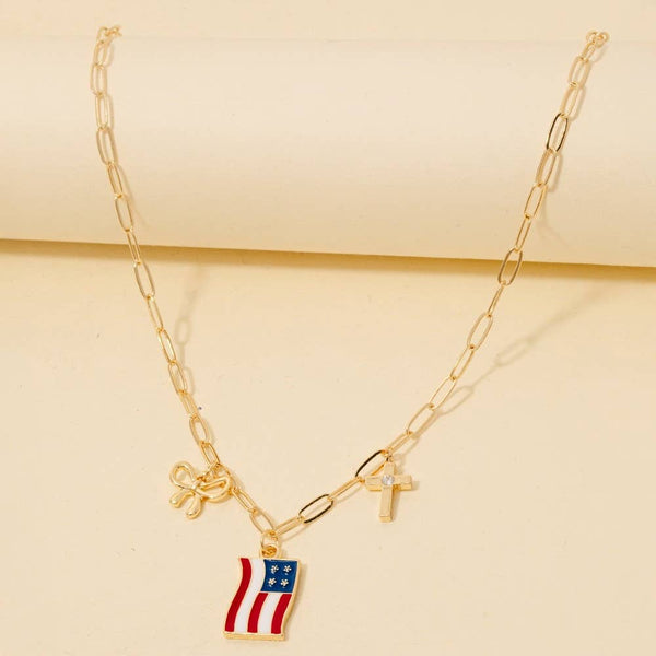 Cz Stud Bow Cross And Enamel Usa Flag Charms Chain Necklace: GDMLT - Lulu Bella Boutique