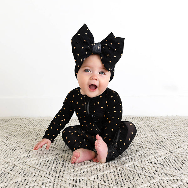 Hope Gold Dot Ruffle Zip Bamboo Baby New Years Eve Outfit: 12-18m - Lulu Bella Boutique