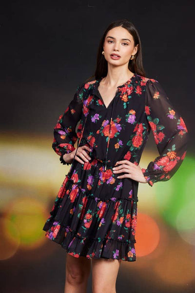 Floral Printed Ruffle Mini Dress: Black-Multi - Lulu Bella Boutique