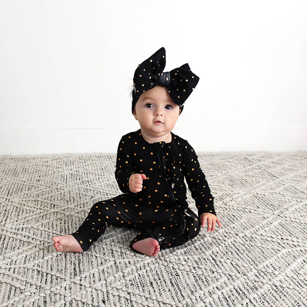 Hope Gold Dot Ruffle Zip Bamboo Baby New Years Eve Outfit: 12-18m - Lulu Bella Boutique