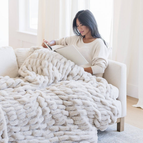 DOUBLE RUCHED FAUX FUR XL THROW BLANKETS: Flax - Lulu Bella Boutique
