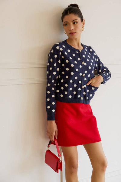 ROUND NECK BUTTON UP POLKA DOT SWEATER CARDIGAN: NAVY-CREAM DOT / S - Lulu Bella Boutique