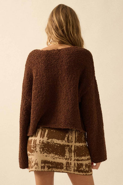 Popcorn-Knit Wide-Sleeve Boatneck Sweater: Chocolate / S - Lulu Bella Boutique