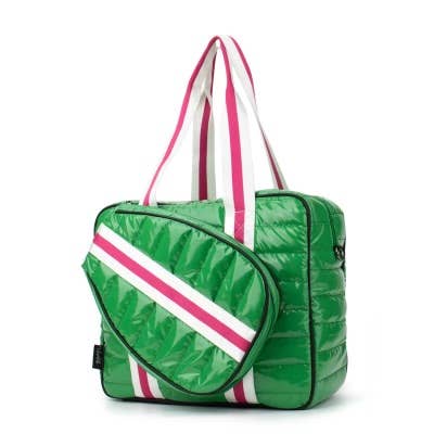 Puffer Pickle Ball Tote Green with Pink Stripe  - Lulu Bella Boutique