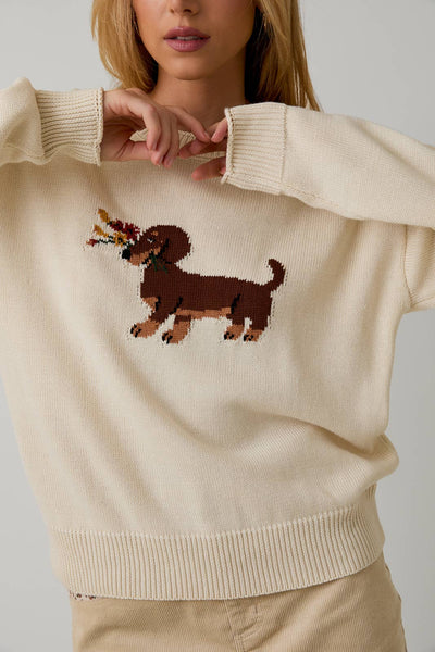 ROUND ROLL UP NECK & SLEEVE "DOG" GRAPHIC SWEATER TOP: CREAM / S - Lulu Bella Boutique