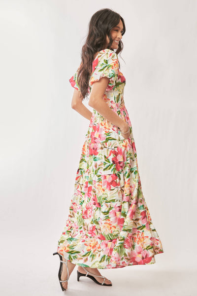 FLORAL SHORT PUFF SLEEVES SWEETHEART MAXI DRESS: WHITE RED / M - Lulu Bella Boutique