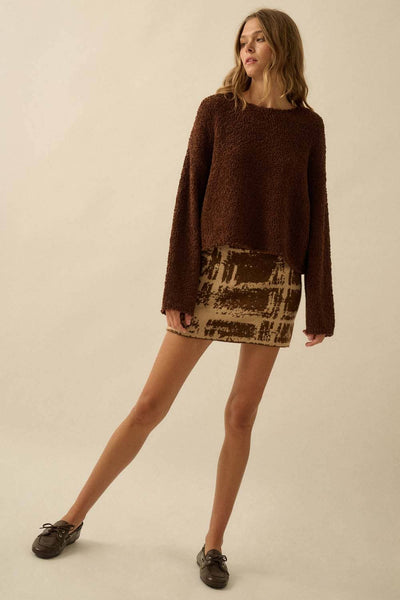 Popcorn-Knit Wide-Sleeve Boatneck Sweater: Chocolate / S - Lulu Bella Boutique