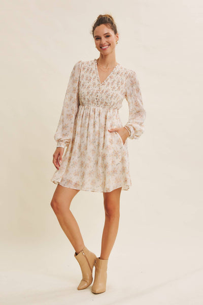 BRDIGES SEASONS WITH GRACE FLORAL SMOCKED BABYDOLL DRESS: CHAMPAGNE / S - Lulu Bella Boutique