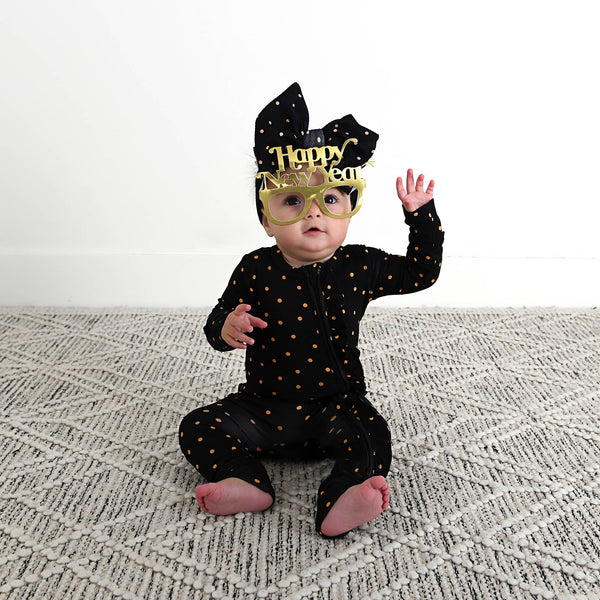 Hope Gold Dot Ruffle Zip Bamboo Baby New Years Eve Outfit: 12-18m - Lulu Bella Boutique