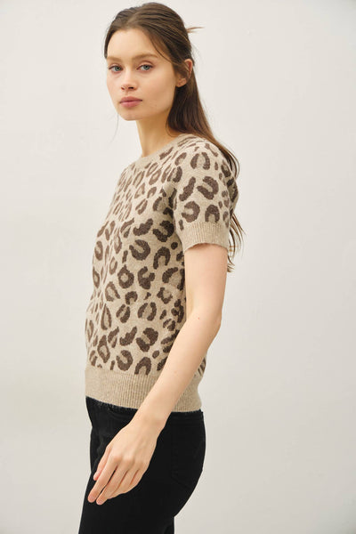 LEOPARD PRINT SHORT SLEEVE WOOL BLEND SWEATER TOP: MOCHA / S - Lulu Bella Boutique