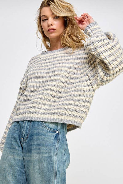 STRIPED CROPPED KNIT SWEATER TOP: Off white/Stone / L - Lulu Bella Boutique