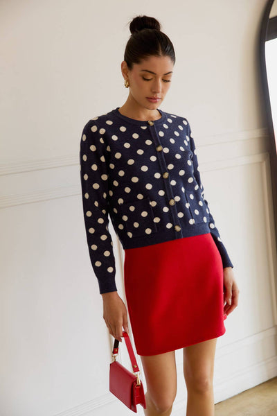 ROUND NECK BUTTON UP POLKA DOT SWEATER CARDIGAN: NAVY-CREAM DOT / S - Lulu Bella Boutique