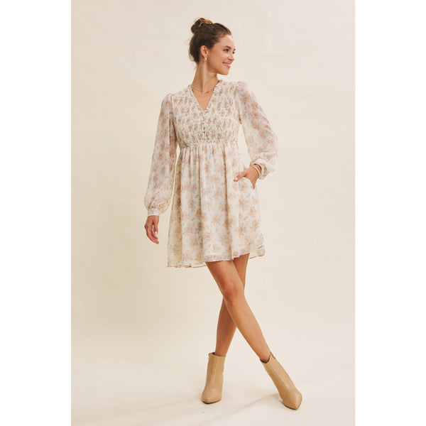 BRDIGES SEASONS WITH GRACE FLORAL SMOCKED BABYDOLL DRESS: CHAMPAGNE / S - Lulu Bella Boutique