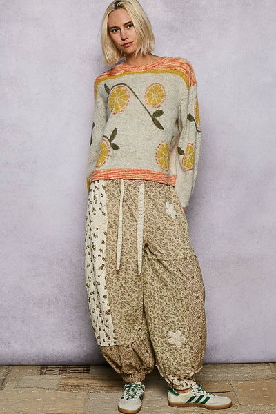Long sleeve fruit motif pattern multi-colored sweater top: ORANGE/NATURAL MULTI / S - Lulu Bella Boutique