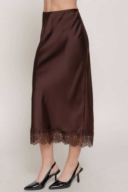 Mid-rise Lace Trim Satin Midi Skirt: BROWN