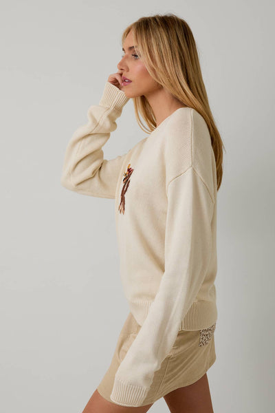 ROUND ROLL UP NECK & SLEEVE "DOG" GRAPHIC SWEATER TOP: CREAM / S - Lulu Bella Boutique