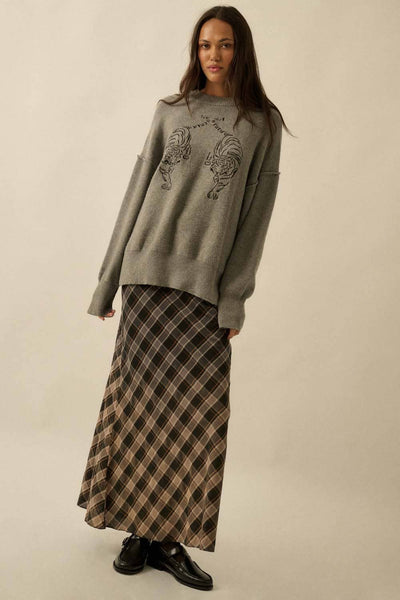 Embroidered Tigers Solid Knit Exposed-Seam Sweater: Grey / S - Lulu Bella Boutique