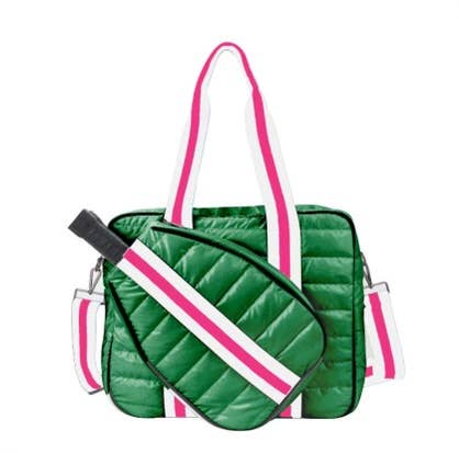 Puffer Pickle Ball Tote Green with Pink Stripe  - Lulu Bella Boutique
