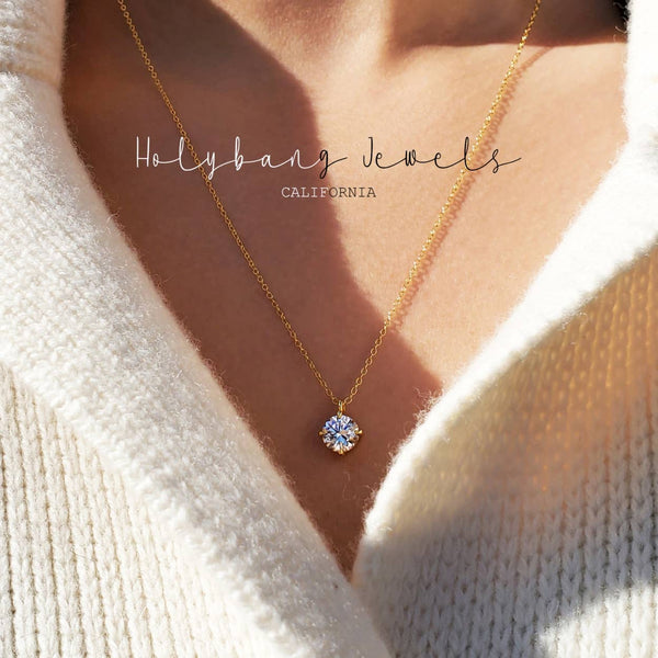 SOLITAIRE ROUND CUT CRYSTAL PENDANT NECKLACE: 18K GOLD / 16INCHES - Lulu Bella Boutique