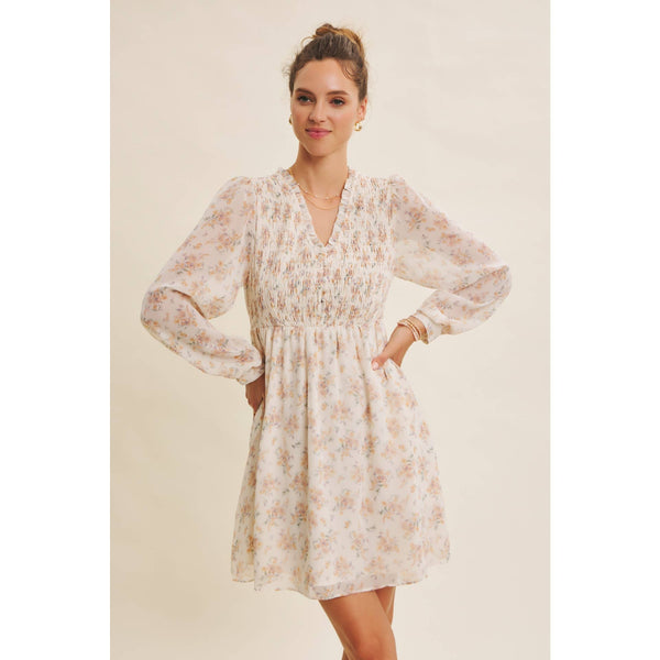 BRDIGES SEASONS WITH GRACE FLORAL SMOCKED BABYDOLL DRESS: CHAMPAGNE / S - Lulu Bella Boutique