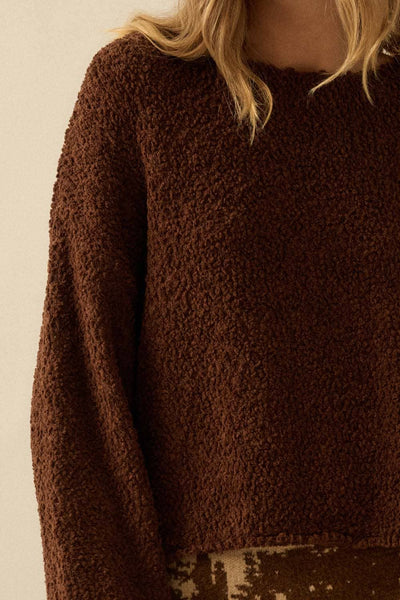 Popcorn-Knit Wide-Sleeve Boatneck Sweater: Chocolate / S - Lulu Bella Boutique