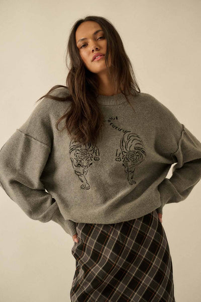 Embroidered Tigers Solid Knit Exposed-Seam Sweater: Grey / S - Lulu Bella Boutique