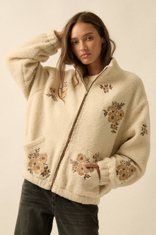 Floral-Embroidered Sherpa Fleece Zip-Up Jacket: Cream