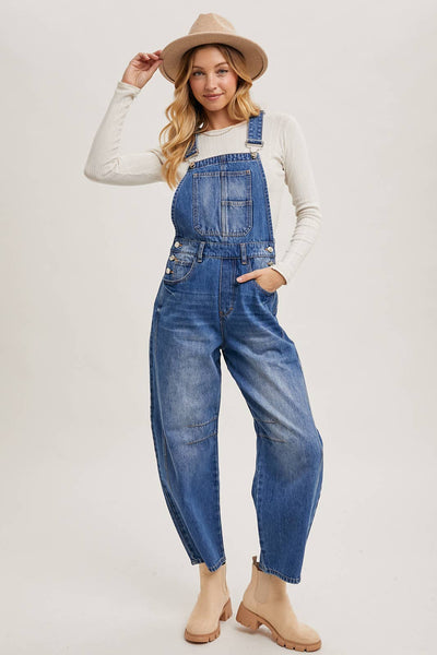 DENIM BARREL OVERALLS: MED.WASH / L - Lulu Bella Boutique